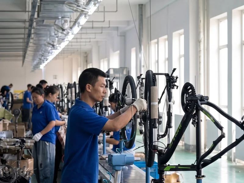 Chinese bicycle production team assembling mountain bicycles on the line