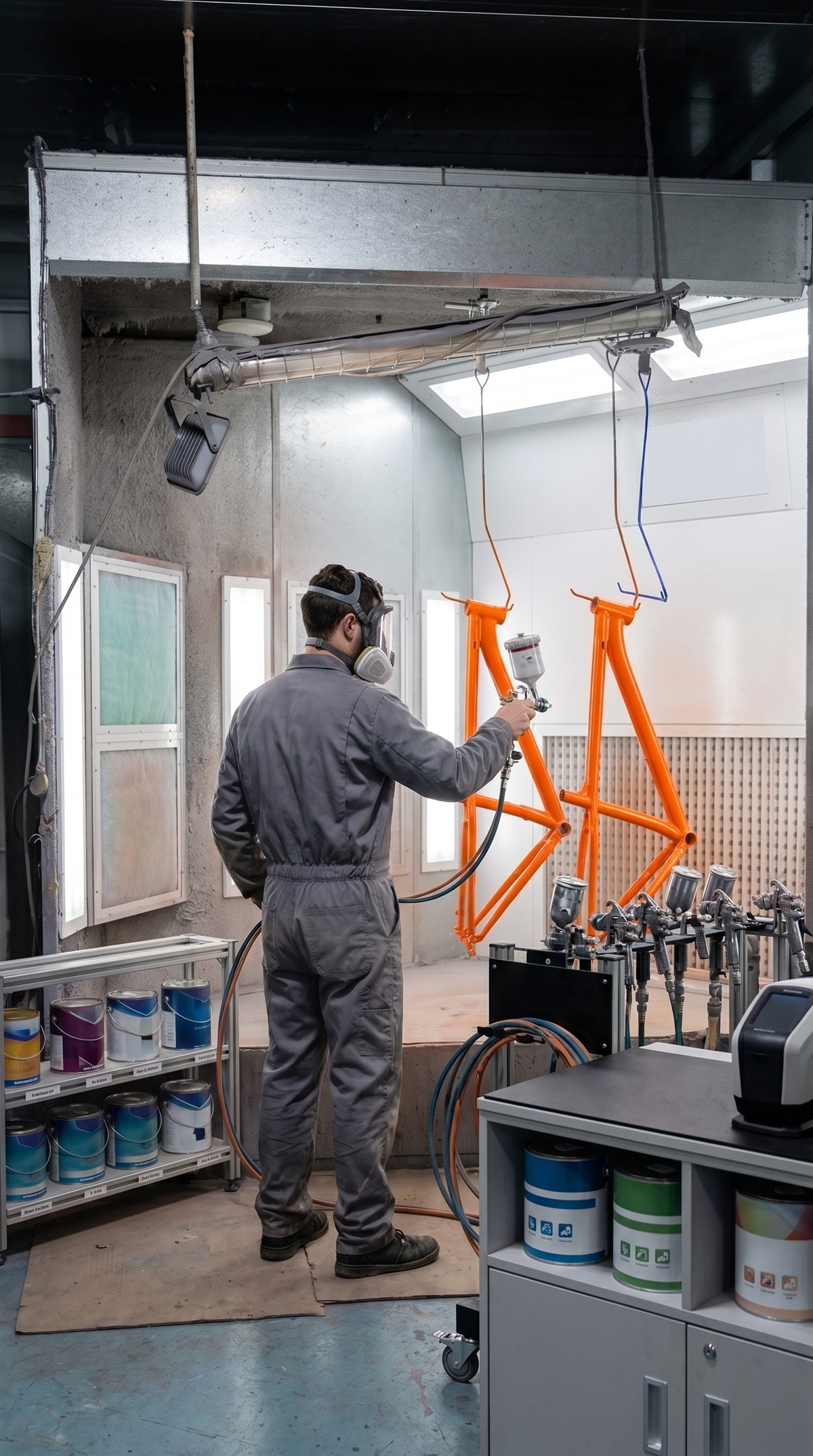 Chinese bicycle paint technician applying an orange finish to frames in a spray booth