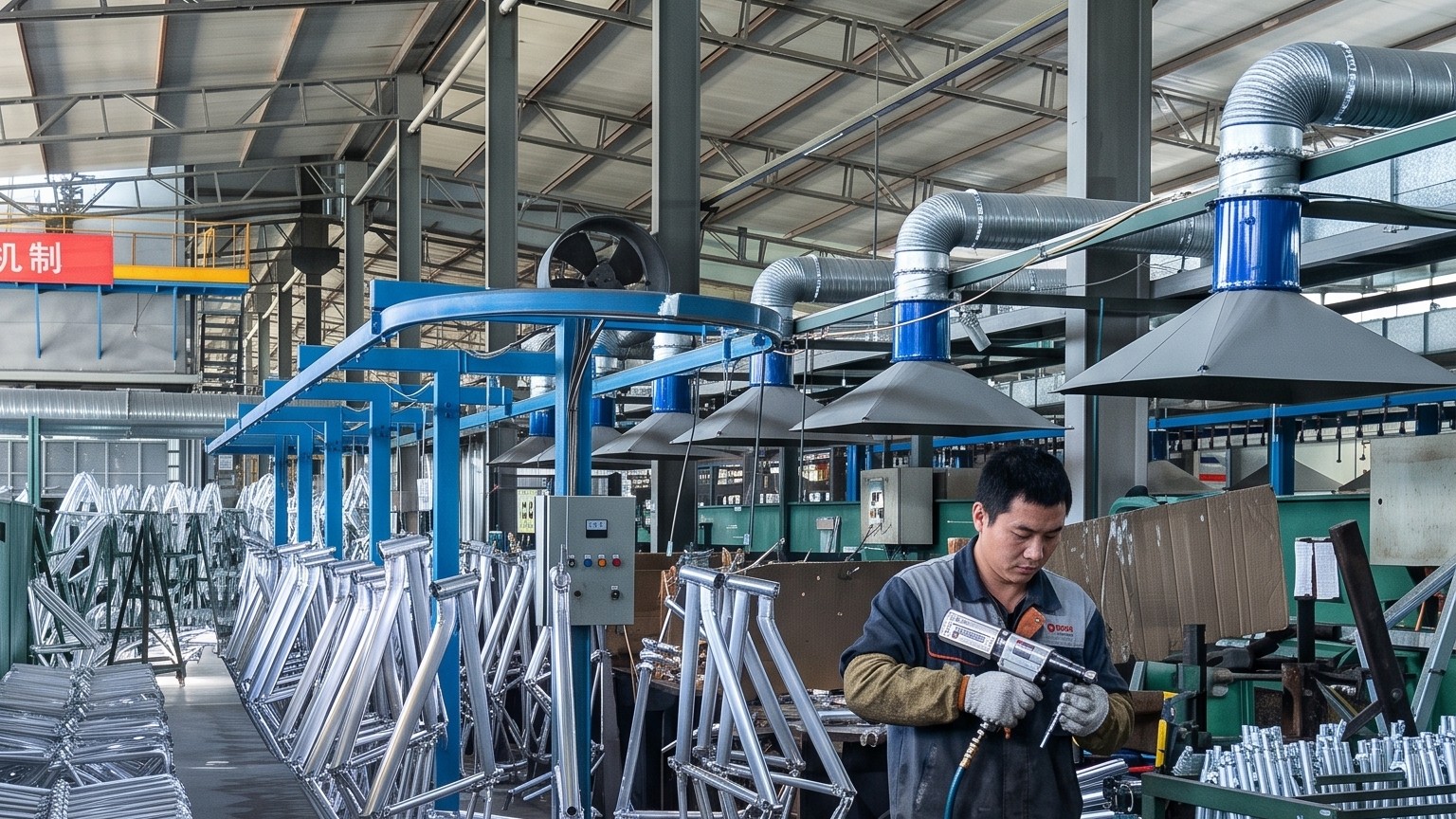 Chinese bicycle frame production worker in a modern manufacturing workshop