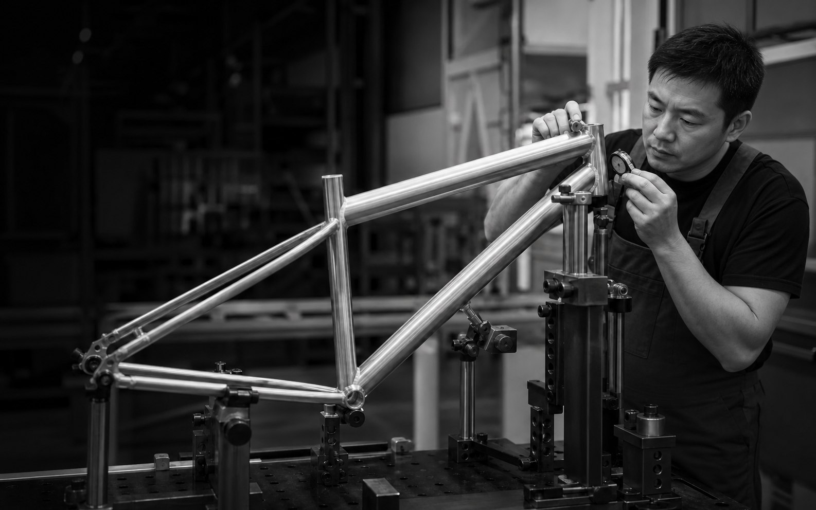 Chinese quality technician inspecting an electric bicycle frame