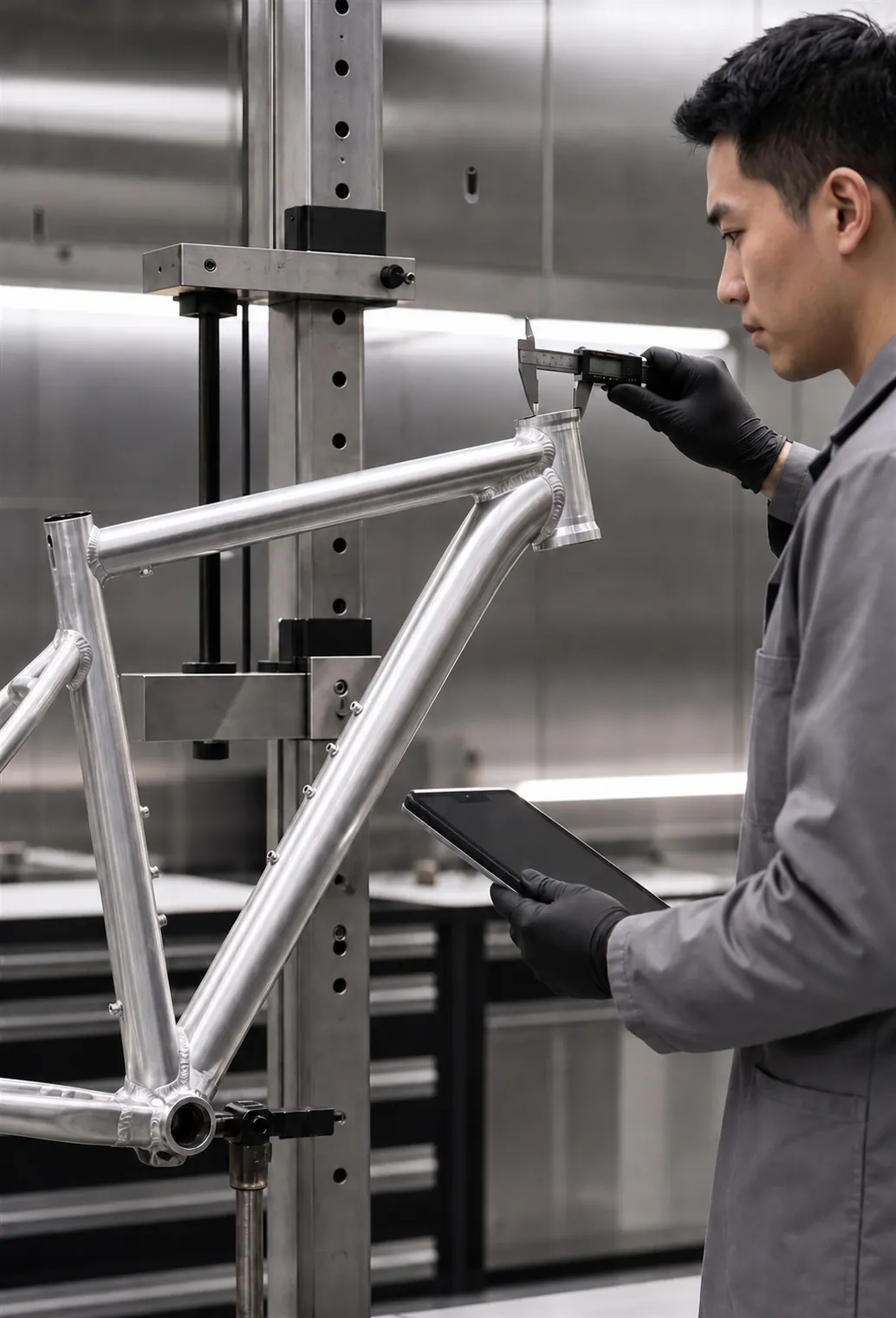 Chinese quality technician measuring an aluminium bicycle frame during inspection