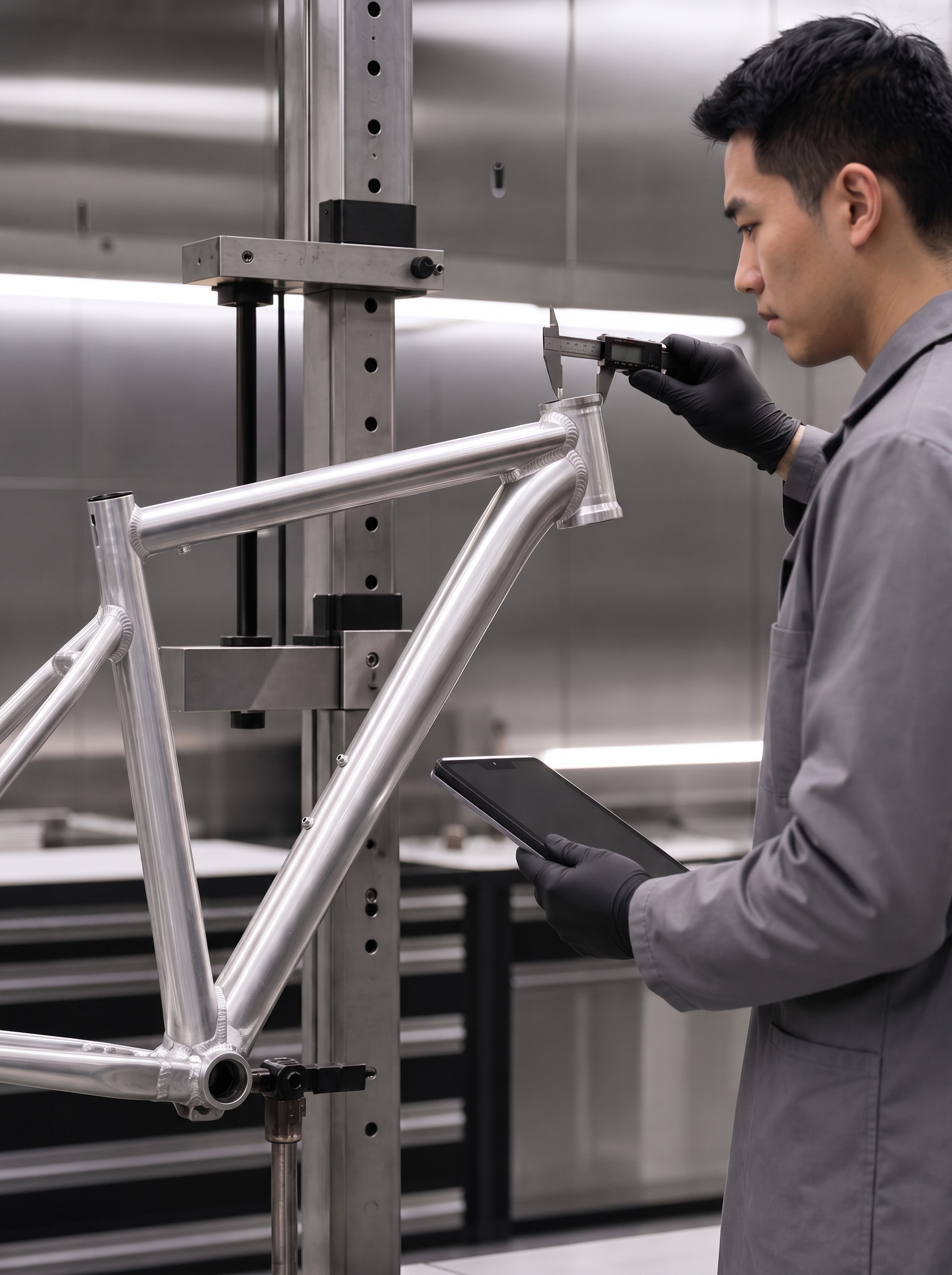 Chinese quality technician measuring an aluminium bicycle frame during inspection