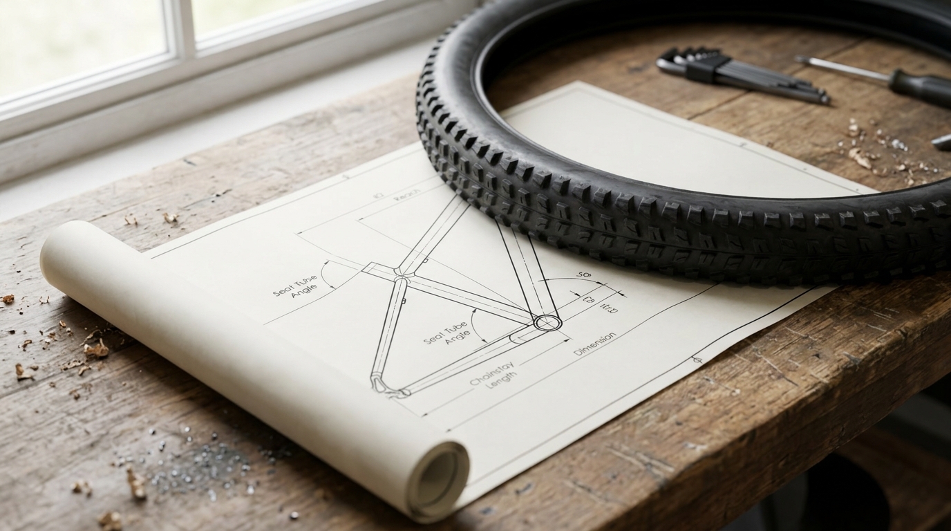 Mountain-bike tyre, frame geometry drawing and workshop tools for hardtail platform planning