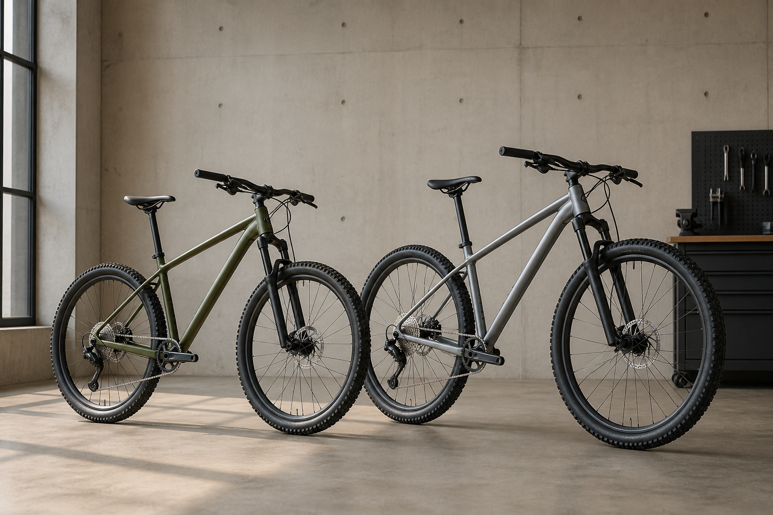 Two unbranded hardtail mountain bikes comparing 27.5 and 29 inch wheel platforms