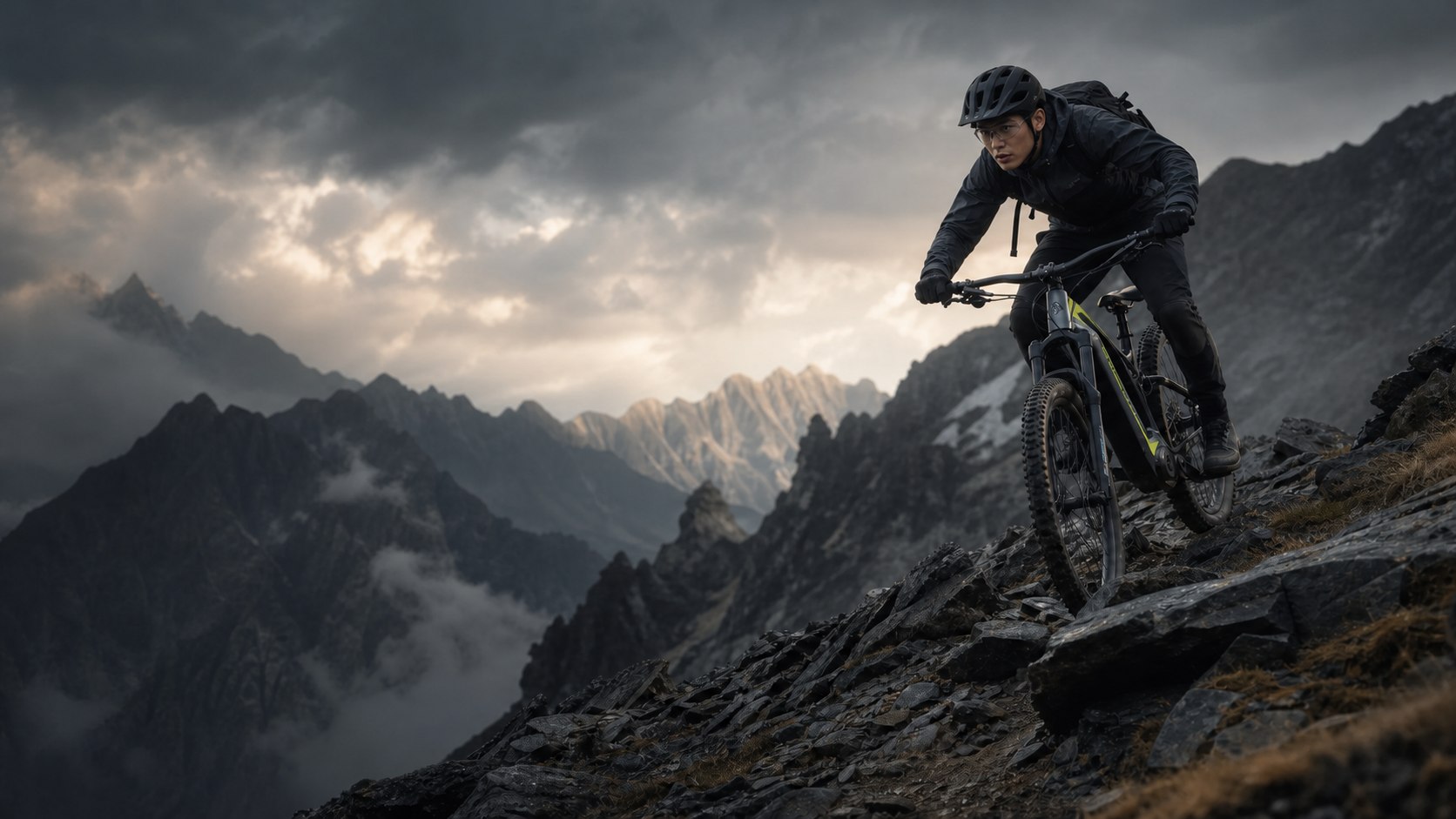 Chinese rider testing a full-suspension mountain bicycle on technical terrain