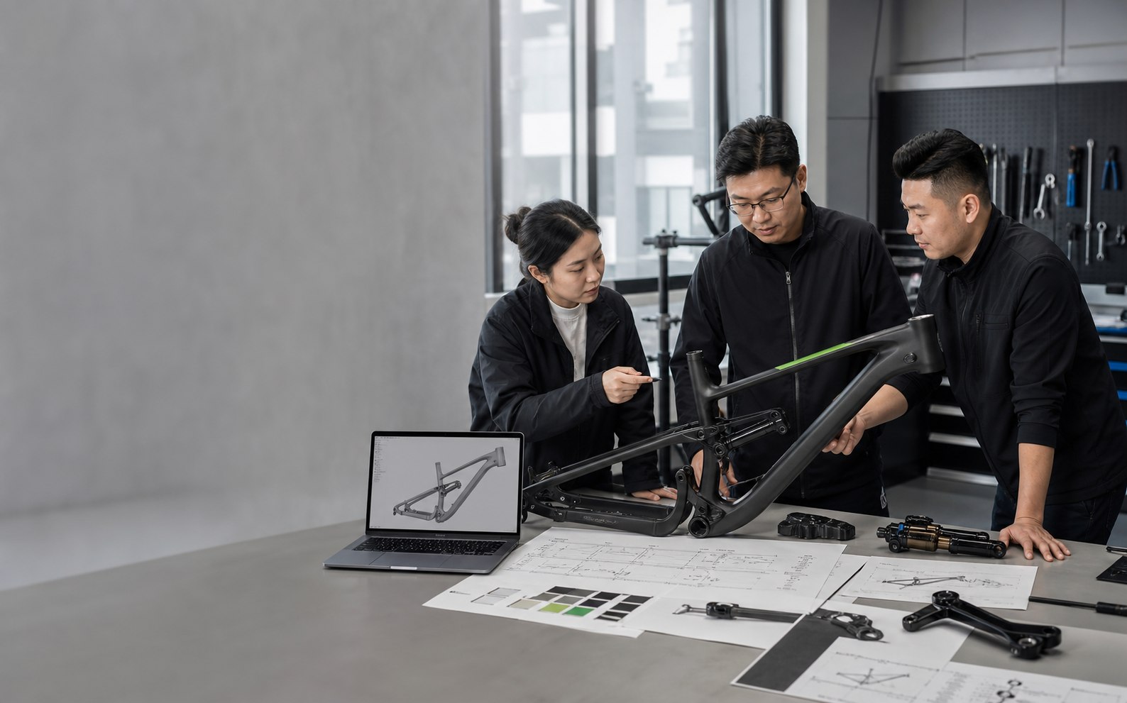Chinese bicycle engineers reviewing an OEM frame and specification