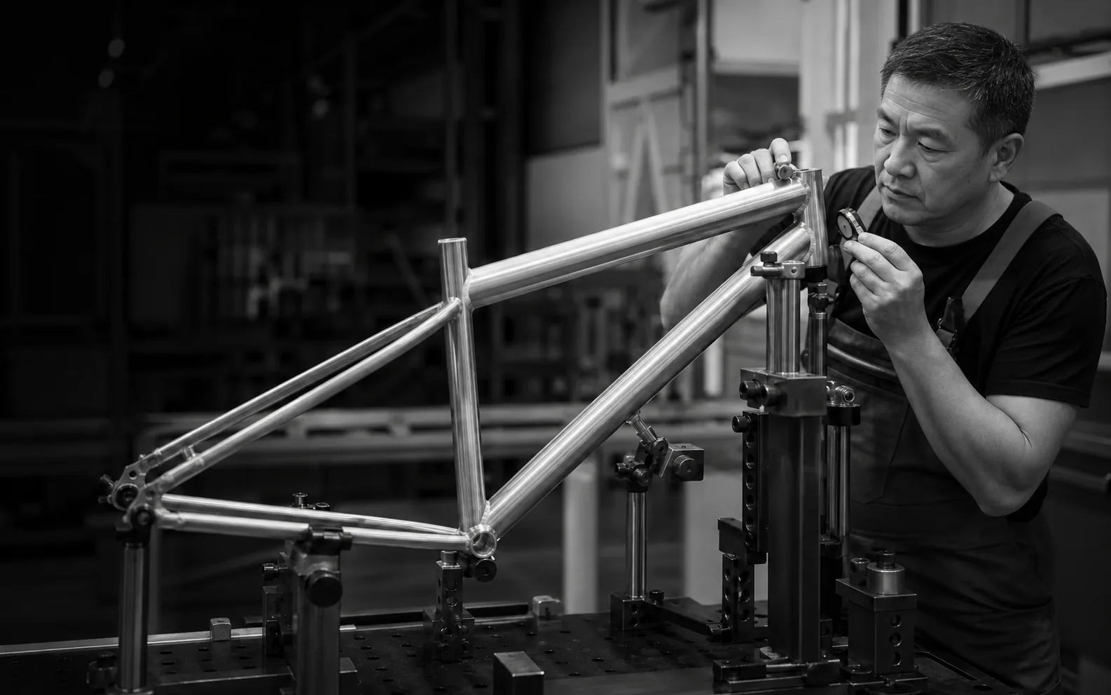Experienced Chinese bicycle engineer inspecting an aluminium frame on a precision fixture