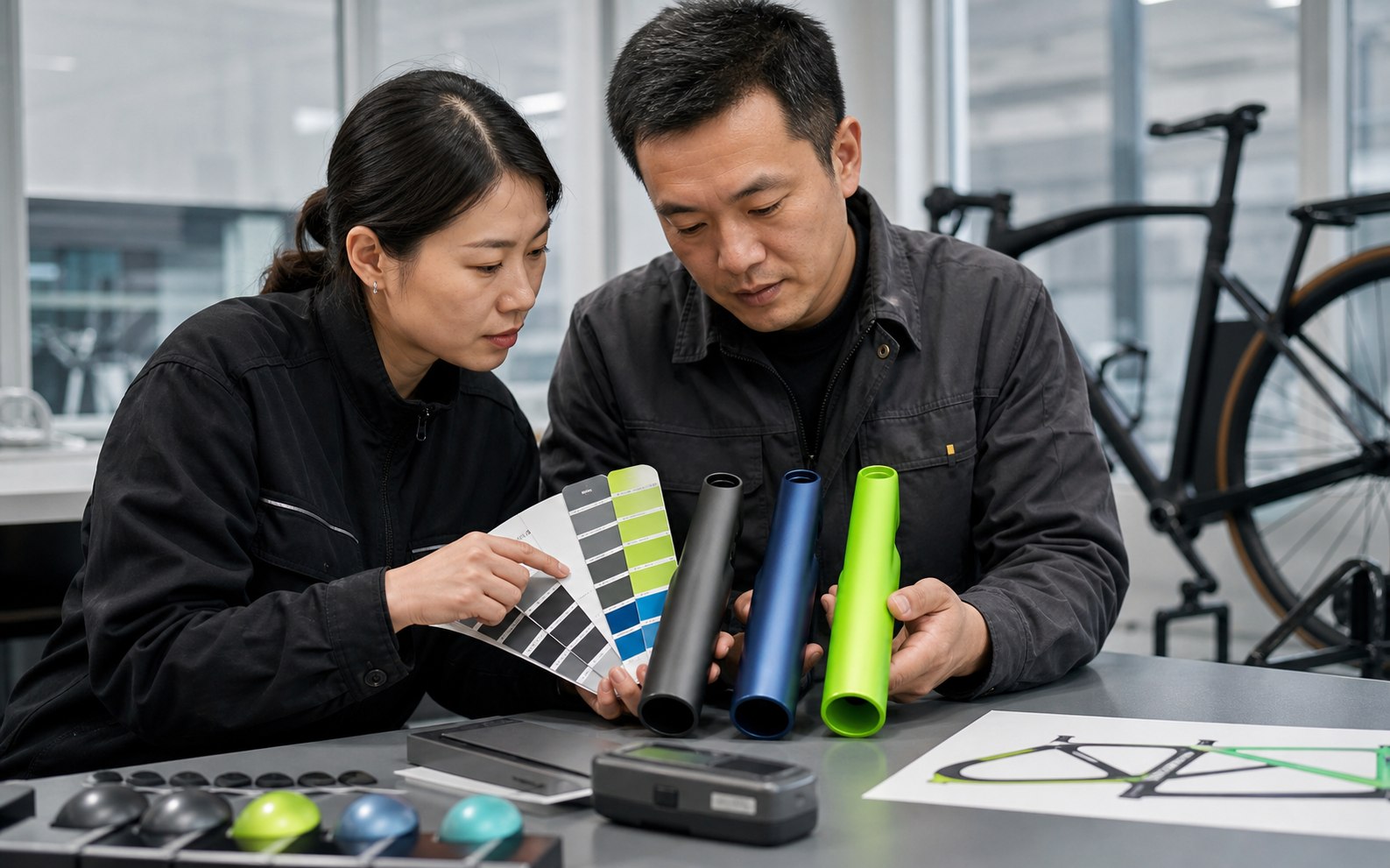 Chinese bicycle project specialists comparing frame colour tubes and finish samples before production approval