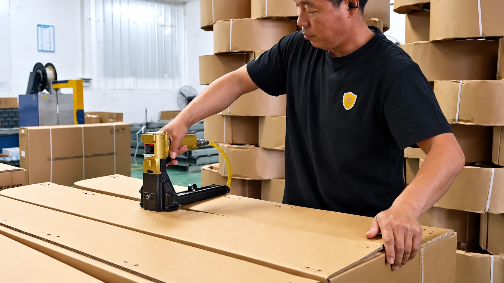 Worker fastening the top flaps of a cardboard carton